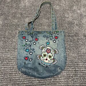 Soundgirl Denim Tote Bag Sugar Skull Embroidered Day of the Dead Studded